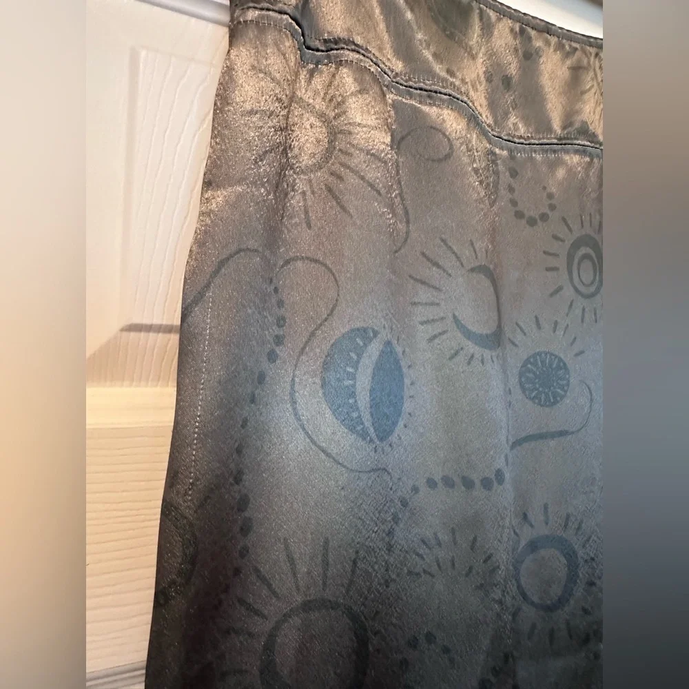 Free People Serena Maxi Skirt Celestial Moon Satin Olive Green Size 8 Astrology